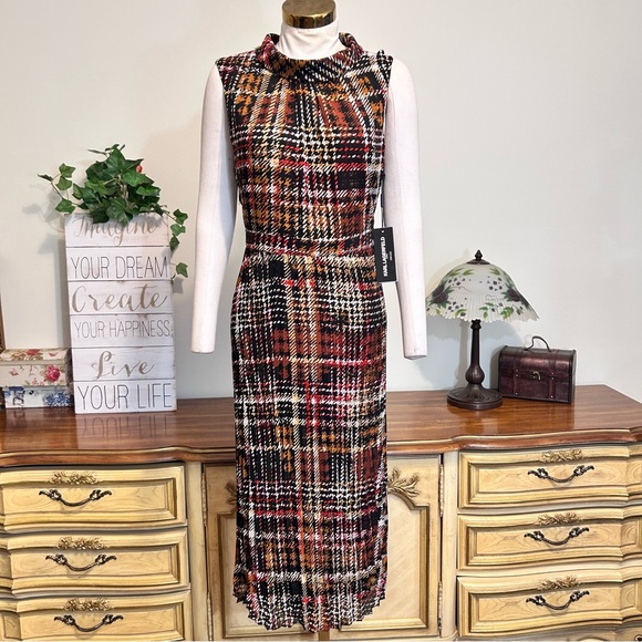 Karl Lagerfeld Black Brown Rust Plaid Pleated Sleeveless Midi Dress NEW NWT - Picture 1 of 8